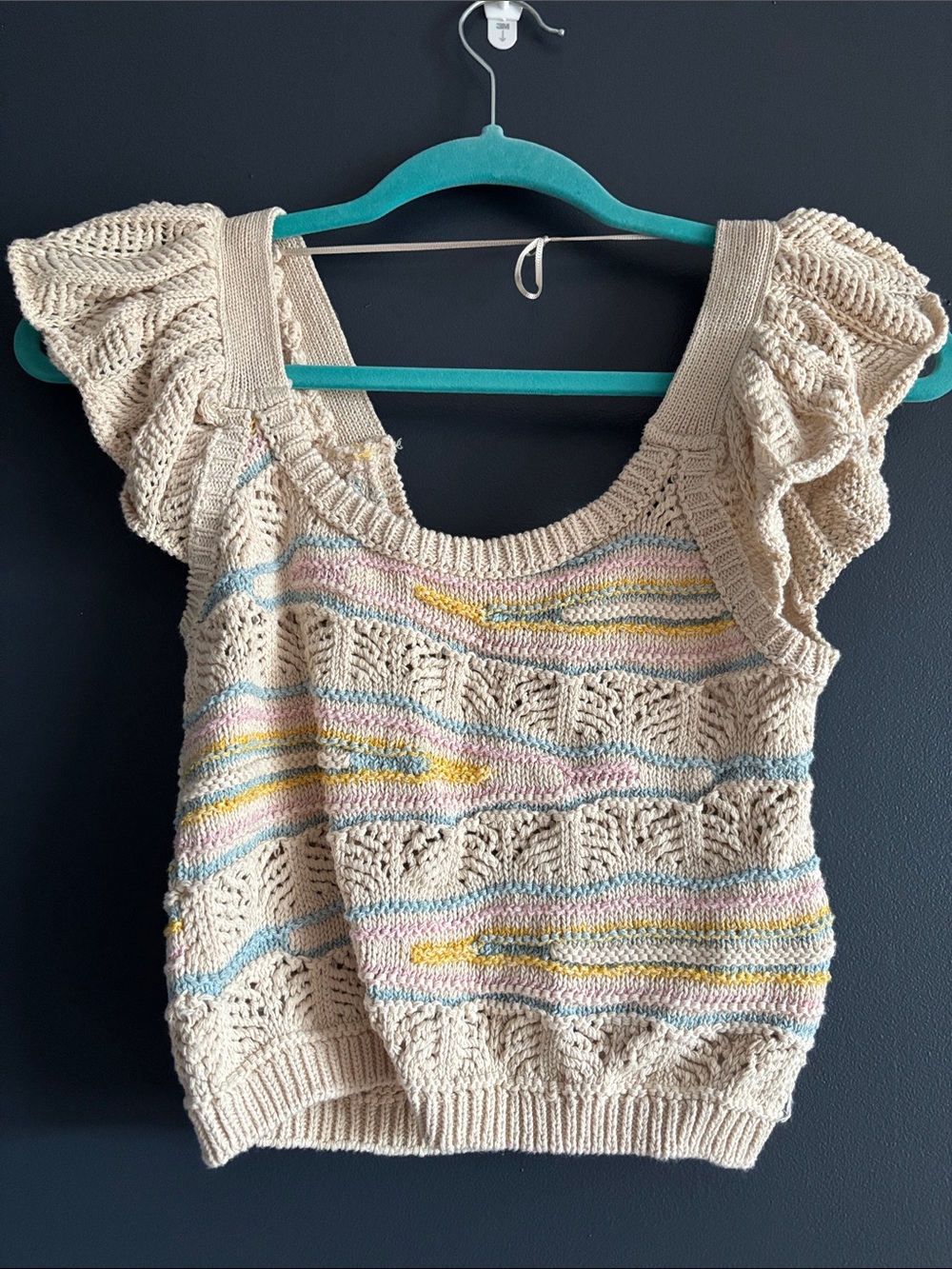 Zara Cream Ruffle Sleeve Top with Pastel Blue, Pink & Yellow Stripes
